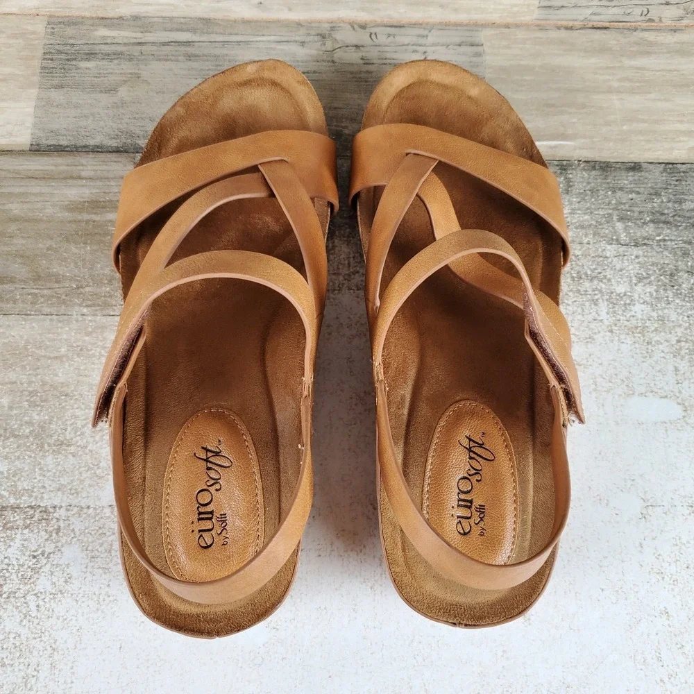Sofft Gianetta Womens Wedge Sandal Sz 8.5 M Luggage Brown Leather Crisscross